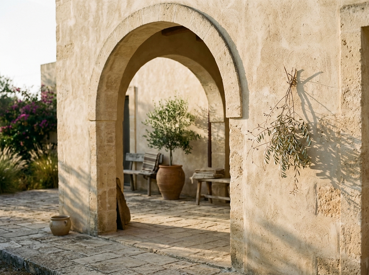 Architettura mediterranea in pietra leccese e luce solare calda